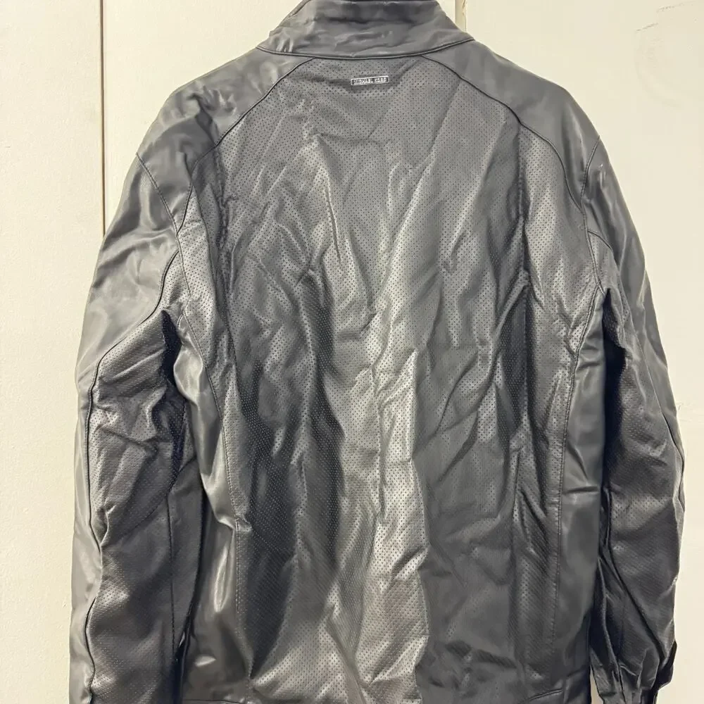 Michael Kors Men’s Black Faux Leather Jacket Size L Damage to Neck Area